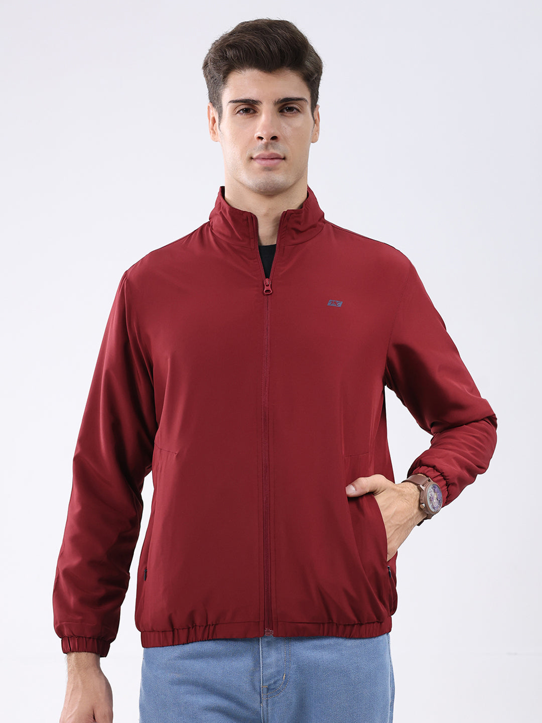 Men Maroon Solid Stand Collar Full Sleeve Jacket