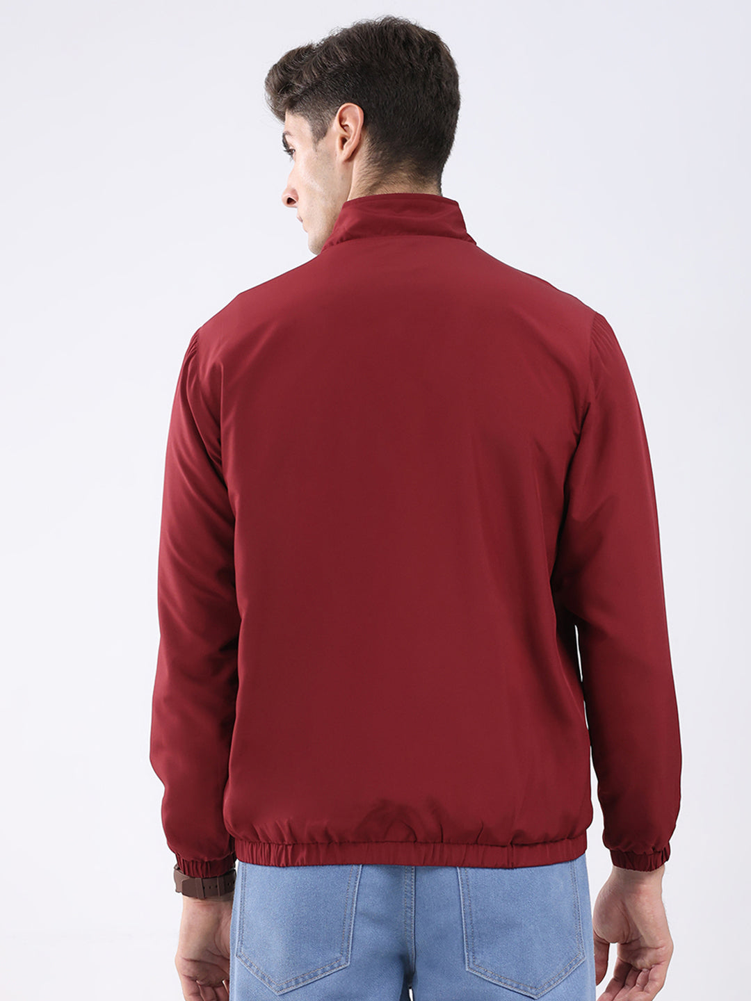 Men Maroon Solid Stand Collar Full Sleeve Jacket