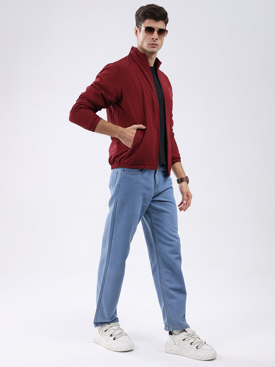 Men Maroon Solid Stand Collar Full Sleeve Jacket