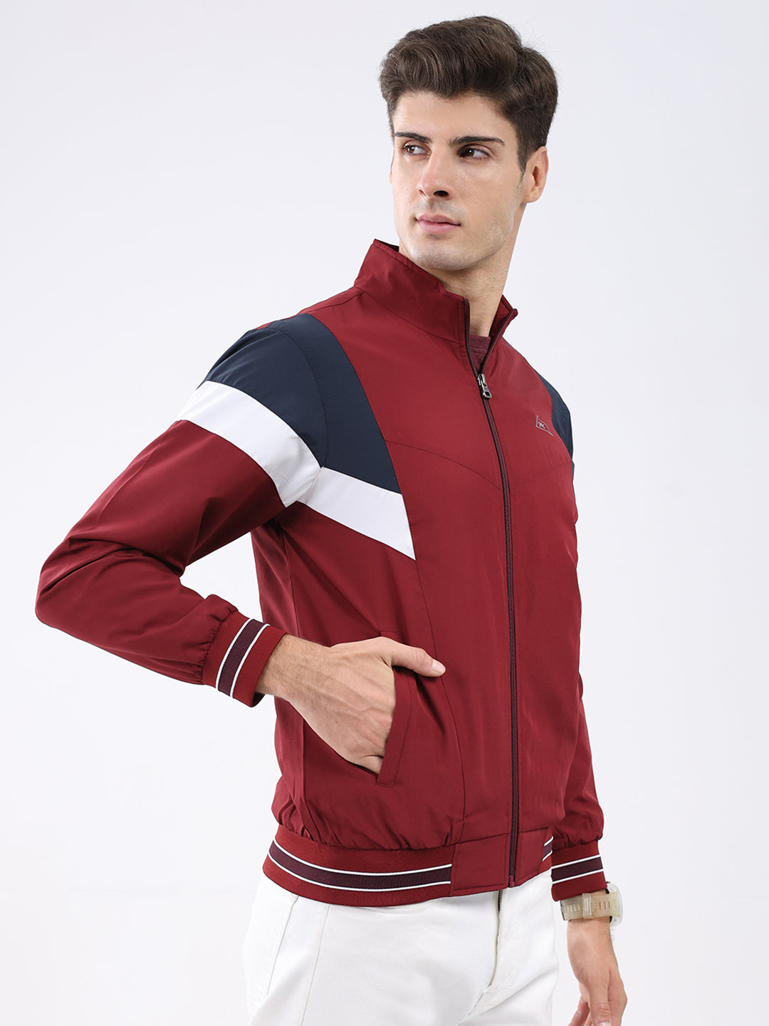 Men Maroon Self Design Stand Collar Full Sleeve Jacket