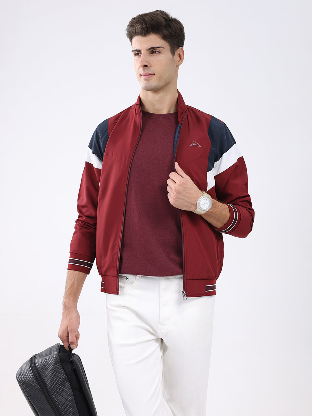Men Maroon Self Design Stand Collar Full Sleeve Jacket