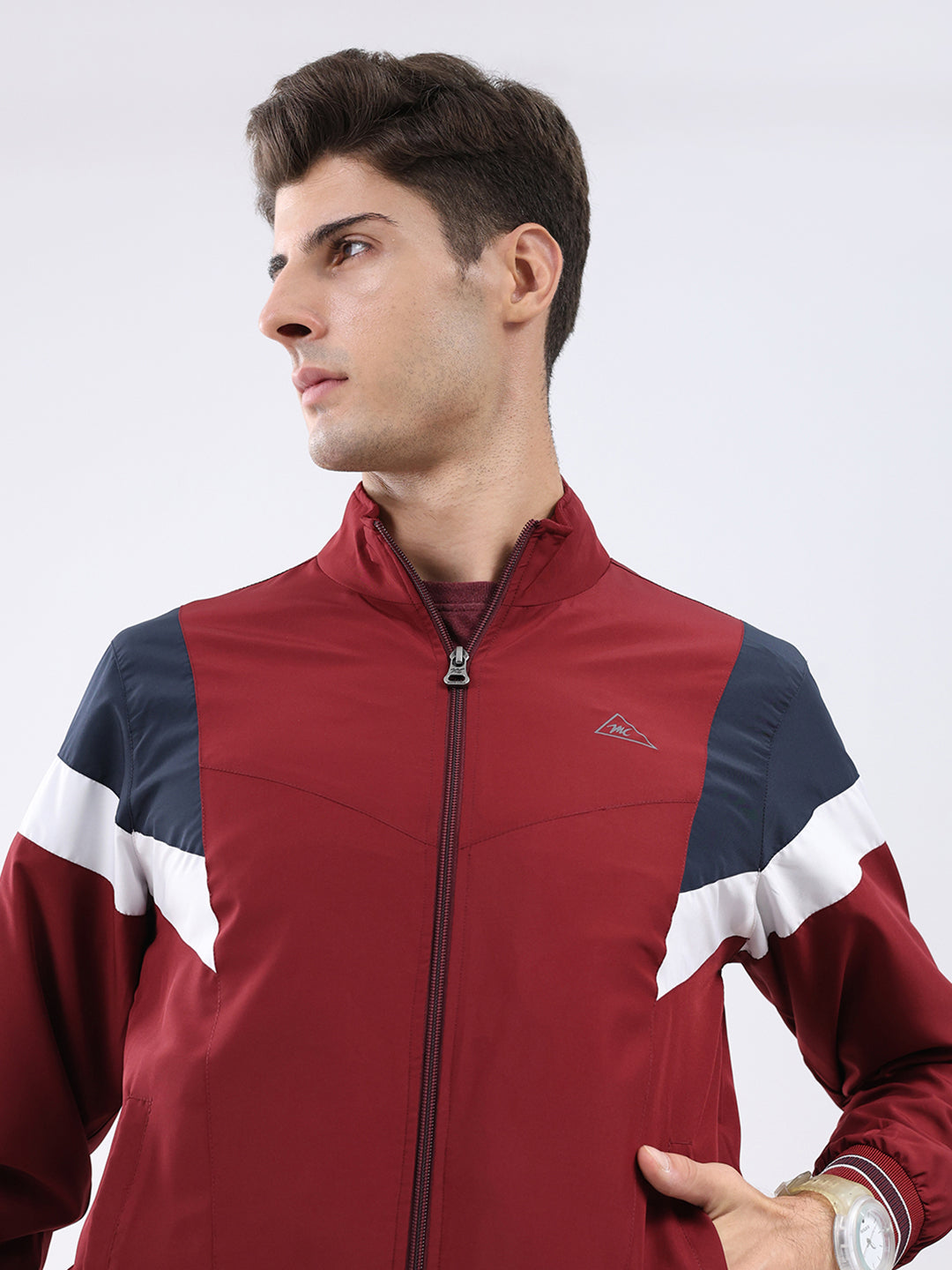 Men Maroon Self Design Stand Collar Full Sleeve Jacket