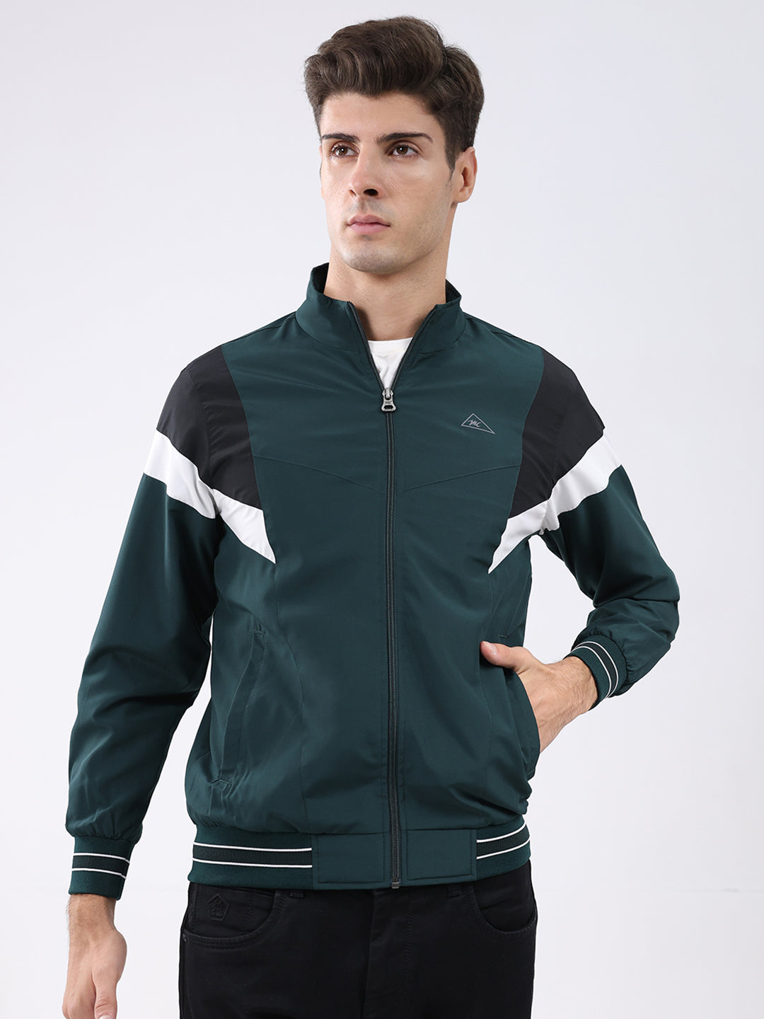 Men Green Self Design Stand Collar Full Sleeve Jacket