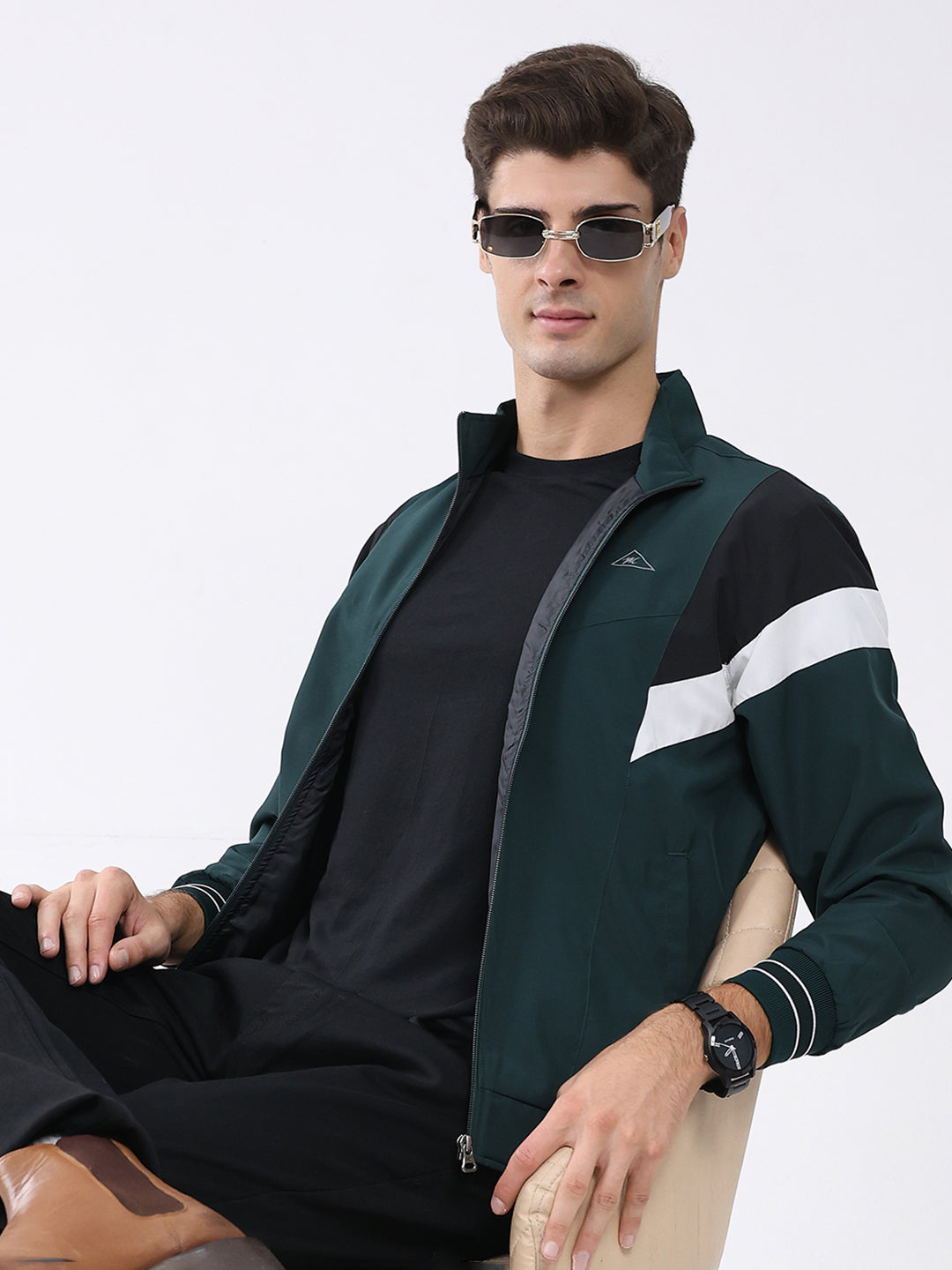 Men Green Self Design Stand Collar Full Sleeve Jacket
