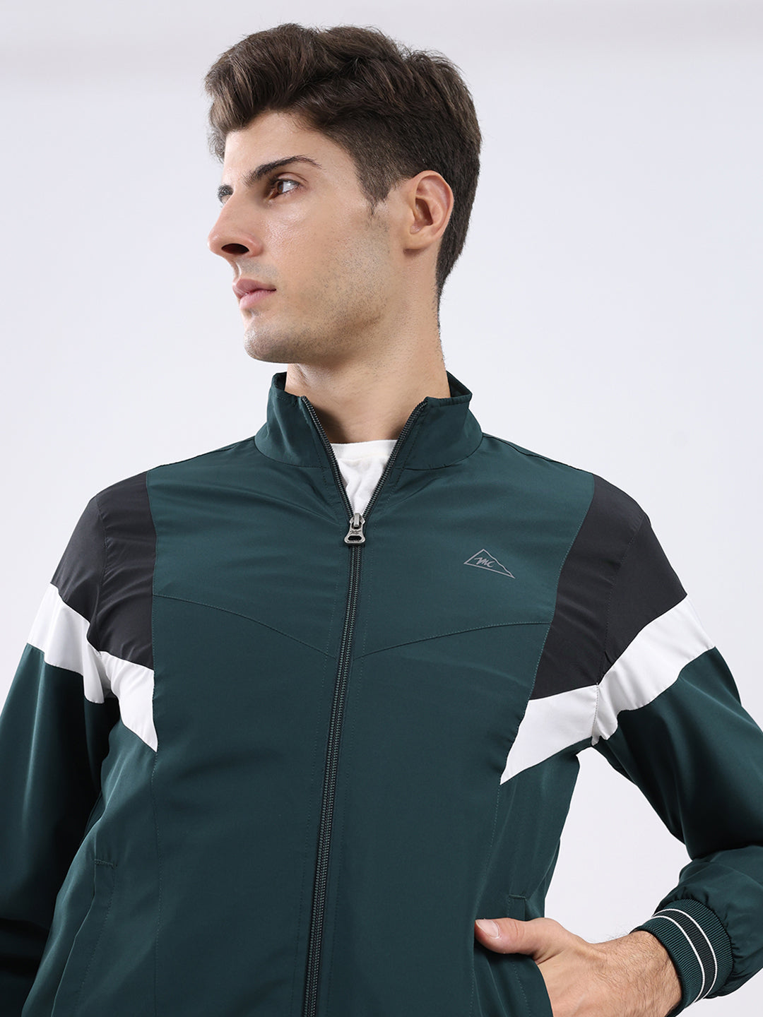 Men Green Self Design Stand Collar Full Sleeve Jacket