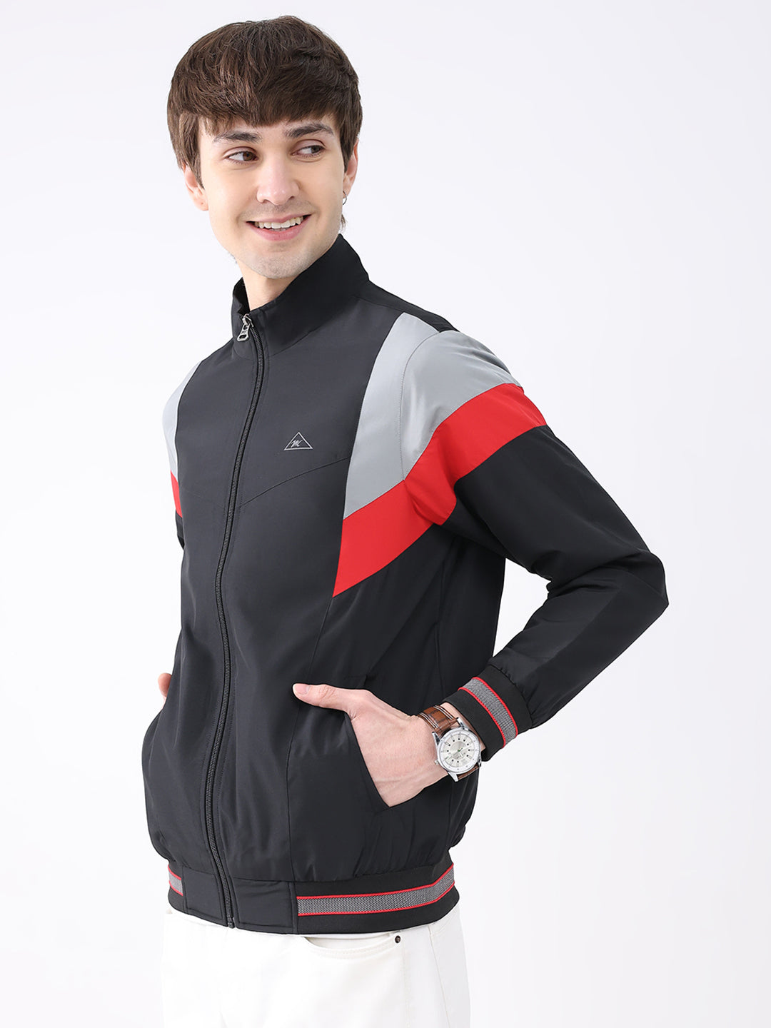 Men Black Printed Collar Full Sleeve Jacket