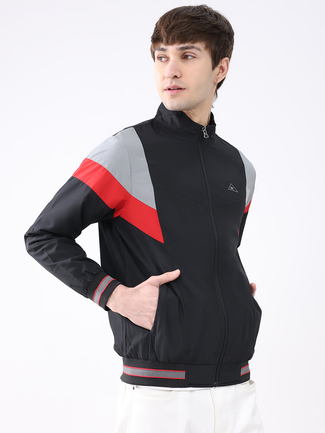 Men Black Printed Collar Full Sleeve Jacket