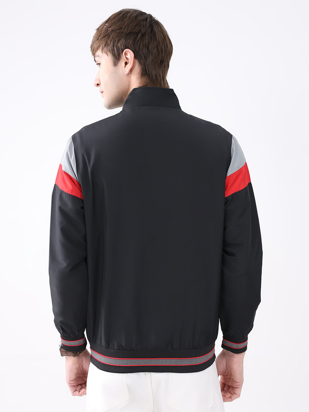 Men Black Printed Collar Full Sleeve Jacket