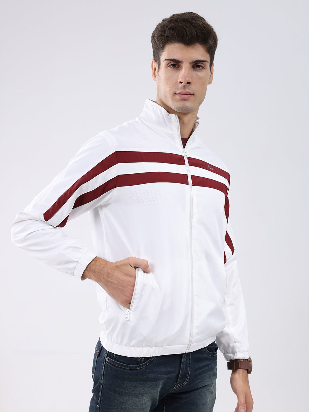Men White Stripe Stand Collar Full Sleeve Jacket