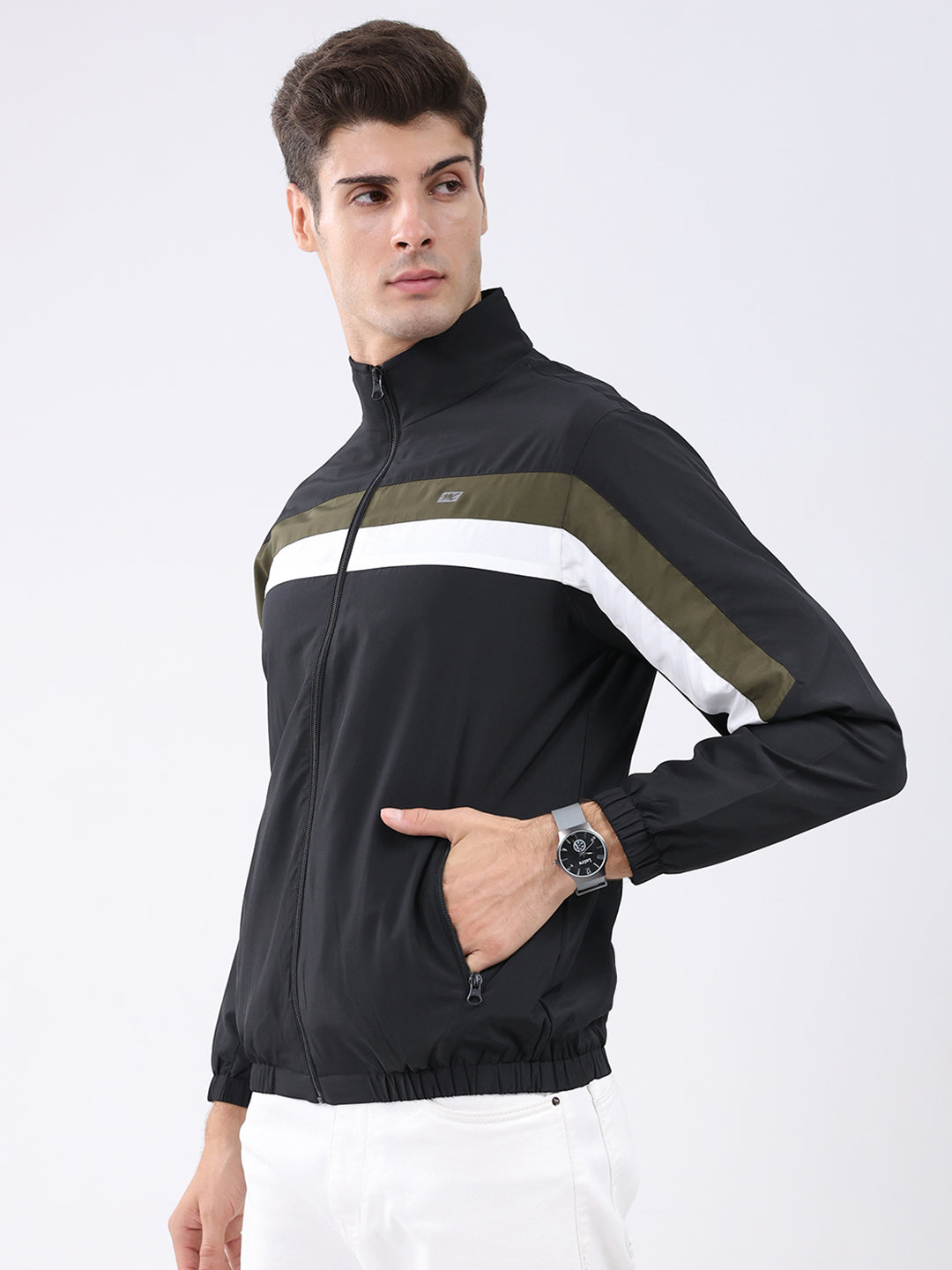 Men Black Stripe Stand Collar Full Sleeve Jacket