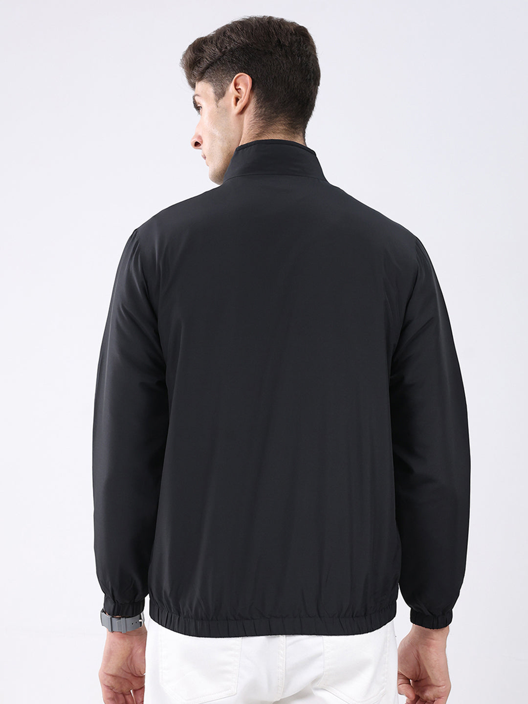 Men Black Stripe Stand Collar Full Sleeve Jacket