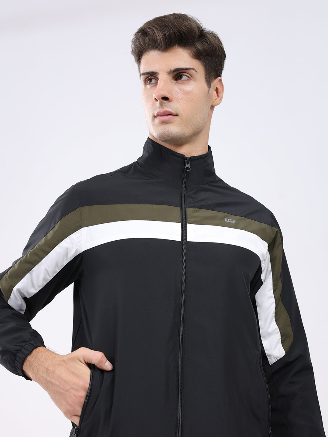 Men Black Stripe Stand Collar Full Sleeve Jacket
