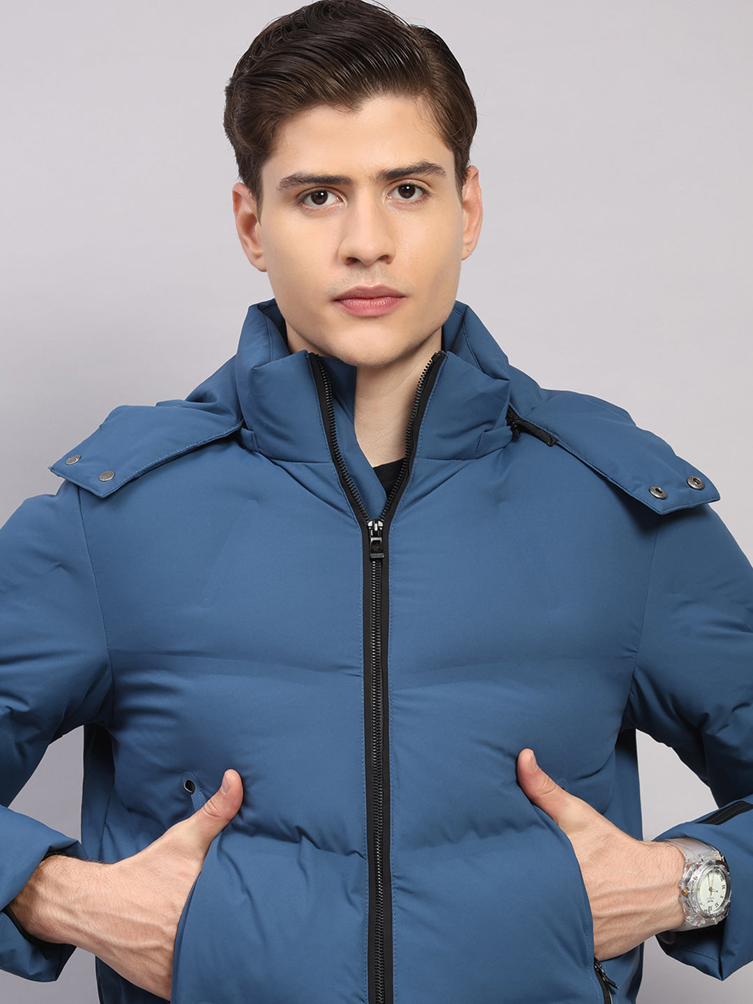 Luxuria Men Blue Solid Hooded Full Sleeve Jacket