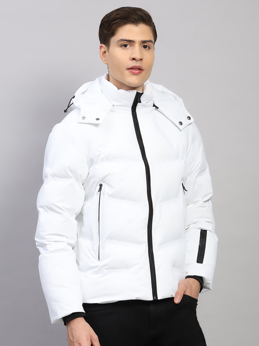 Luxuria Men White Solid Hooded Full Sleeve Jacket