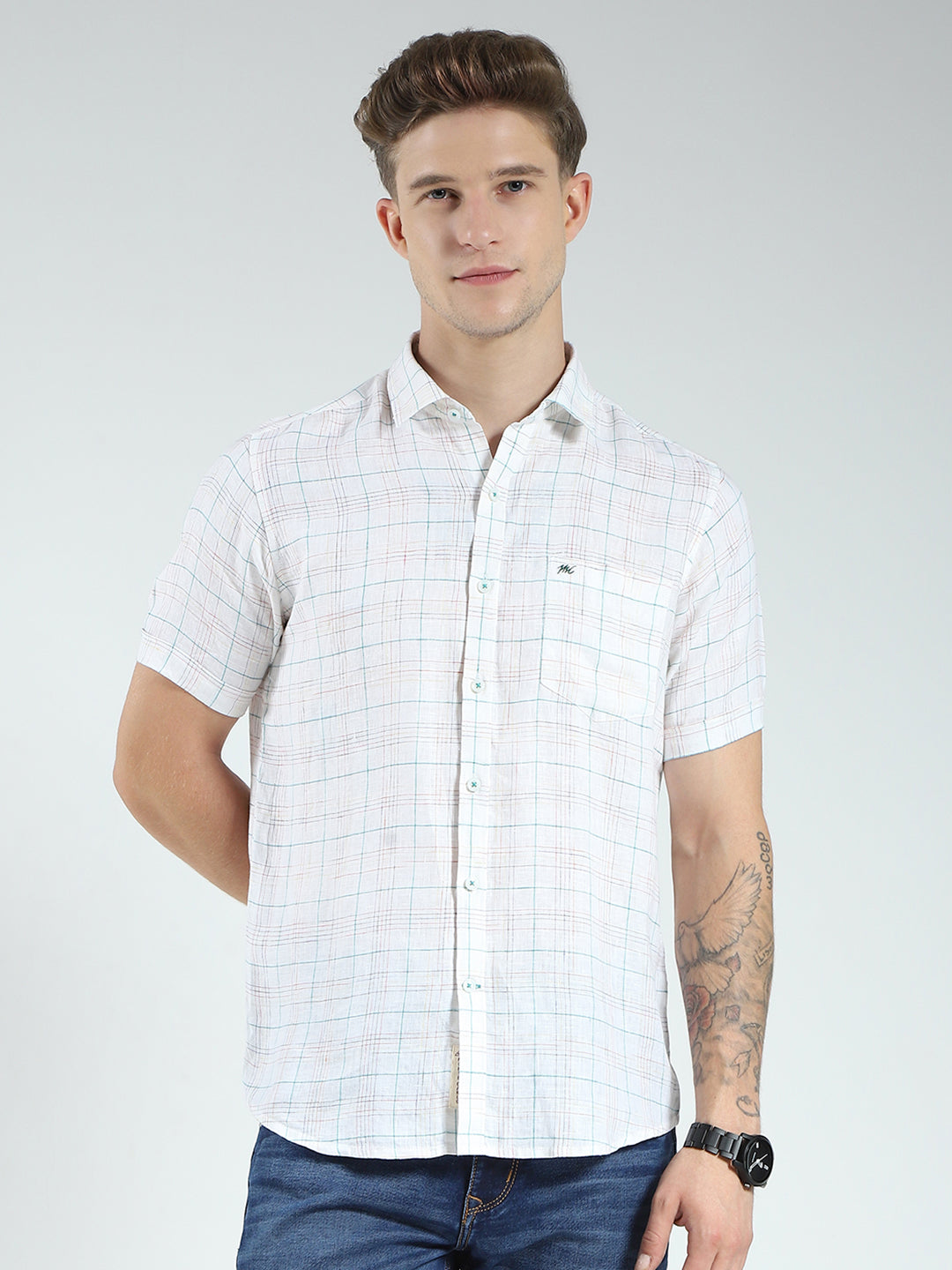 Men White Check Collar Half Sleeve Shirt