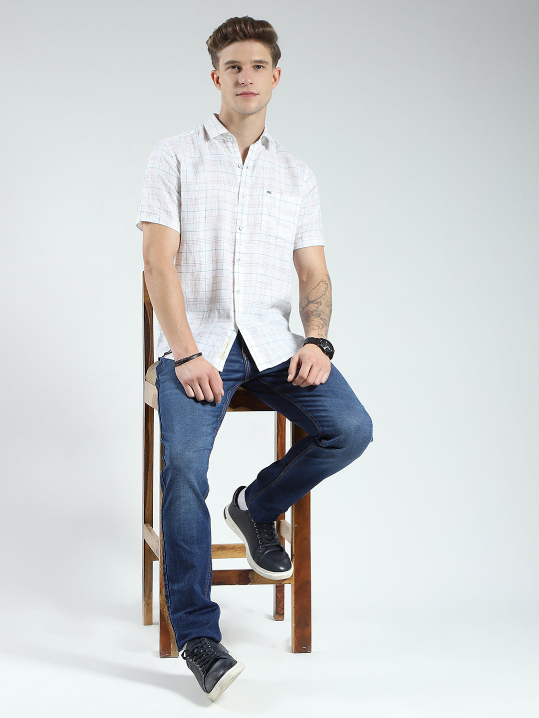 Men White Check Collar Half Sleeve Shirt