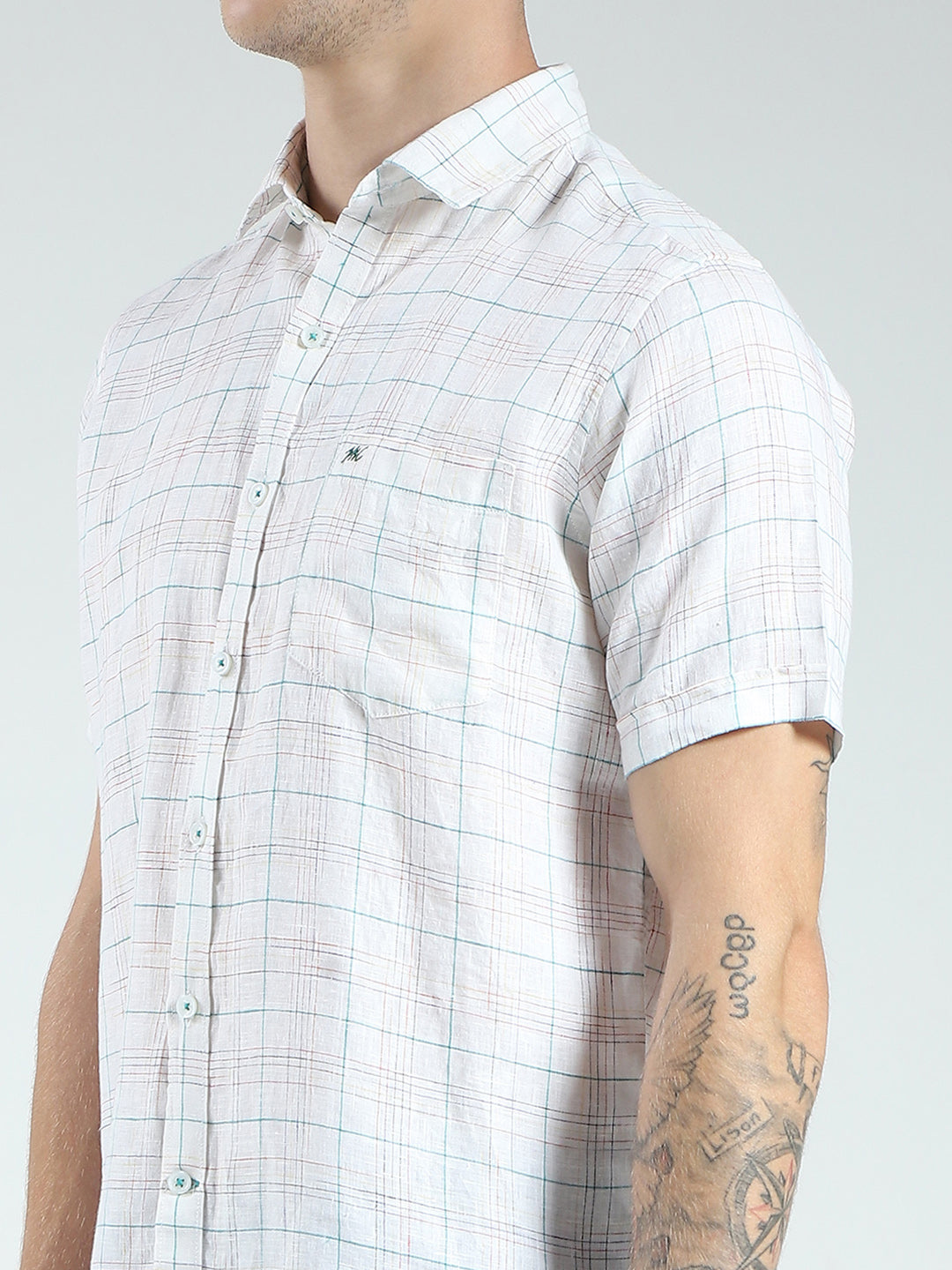 Men White Check Collar Half Sleeve Shirt