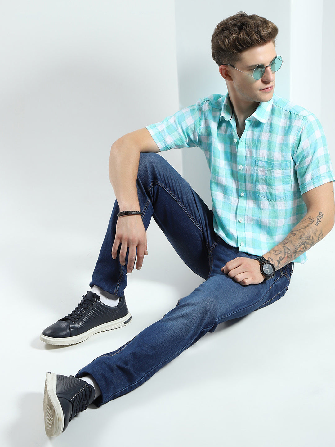 Men Green Check Collar Half Sleeve Shirt