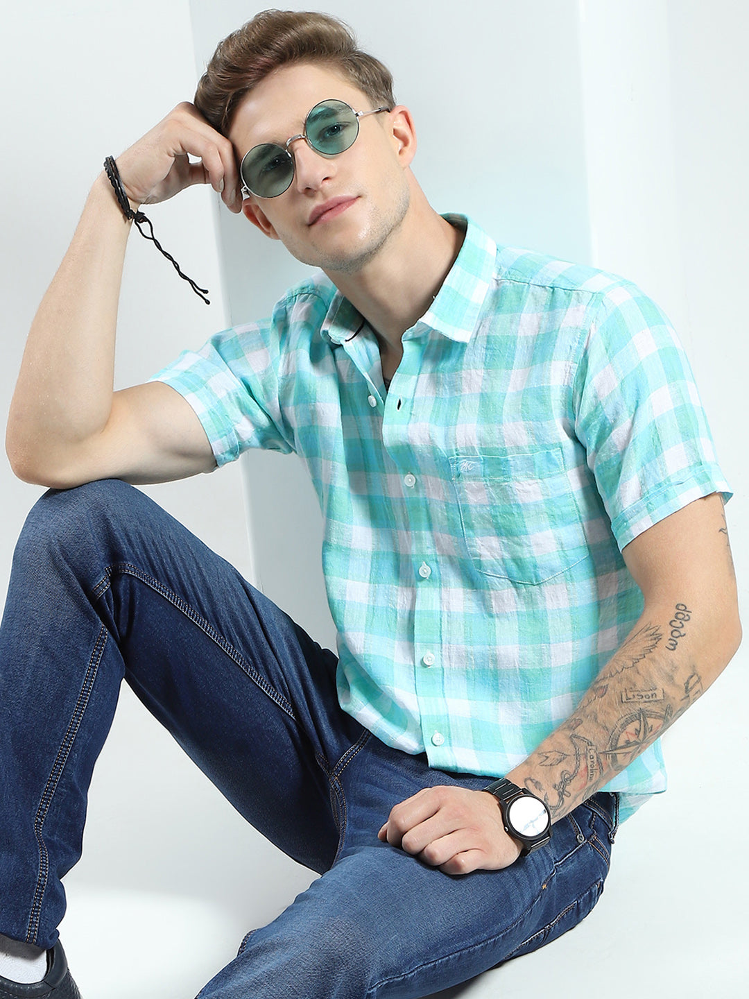 Men Green Check Collar Half Sleeve Shirt