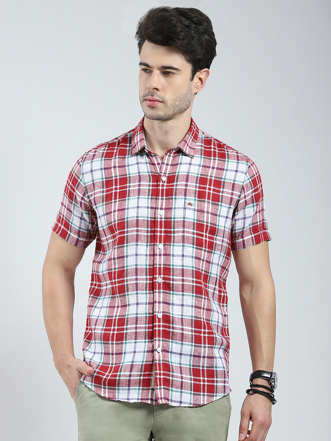 Men Red Check Collar Half Sleeve Shirt