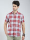 Men Red Check Collar Half Sleeve Shirt