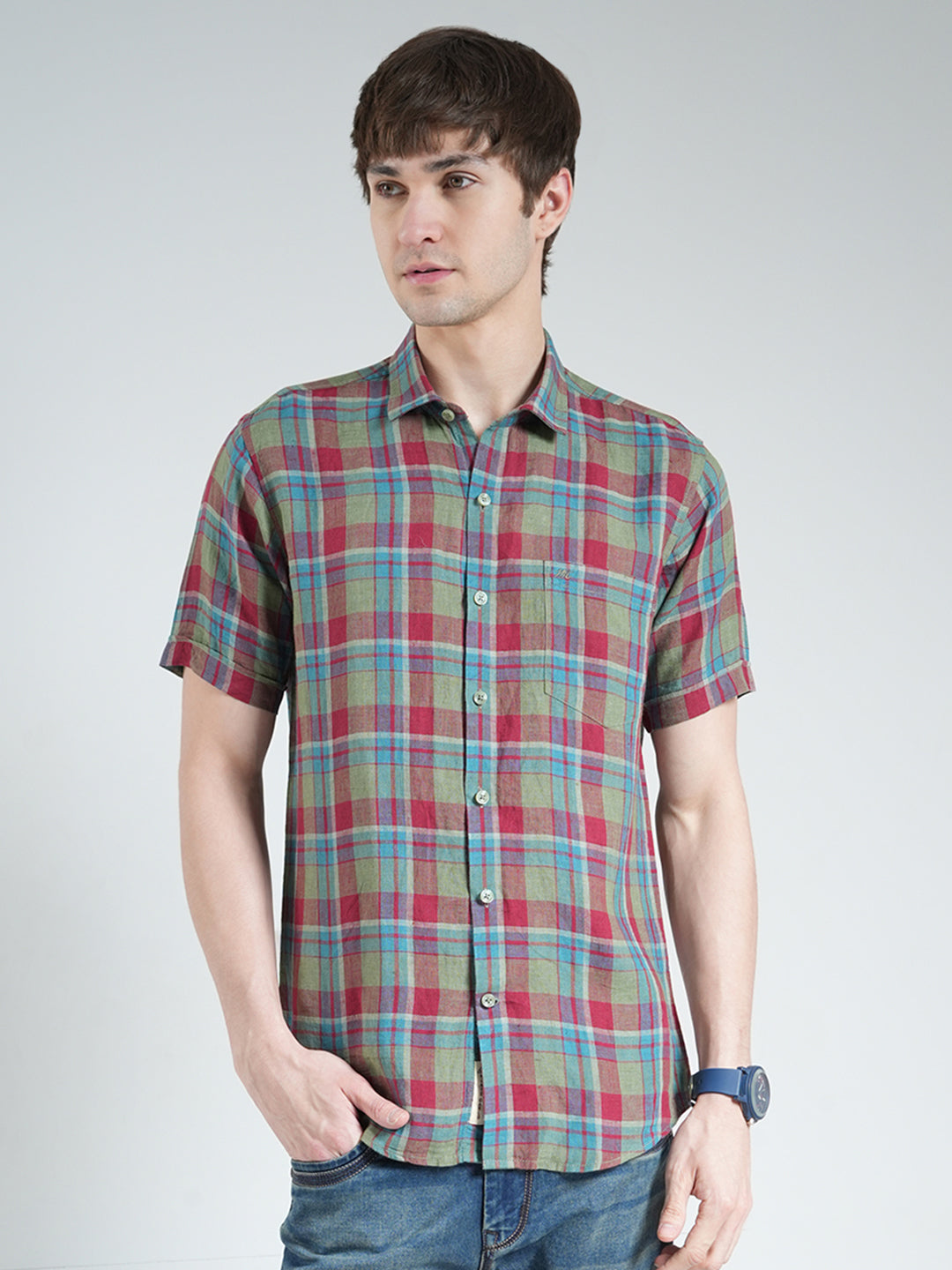 Men Olive Check Collar Half Sleeve Shirt