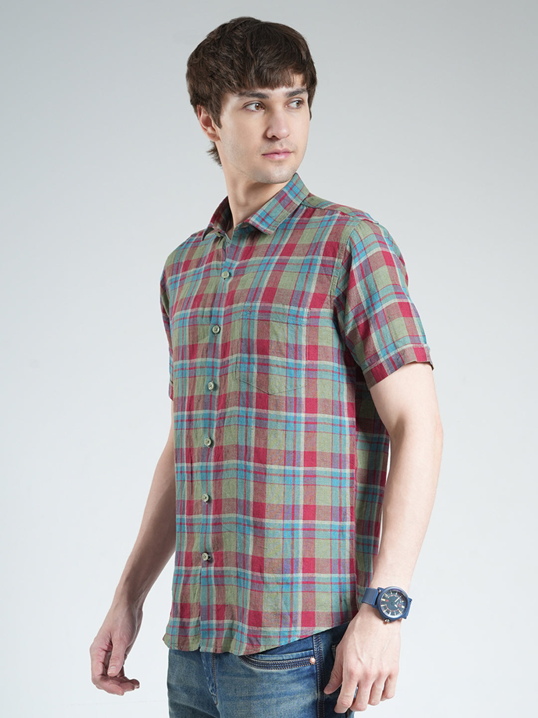 Men Olive Check Collar Half Sleeve Shirt