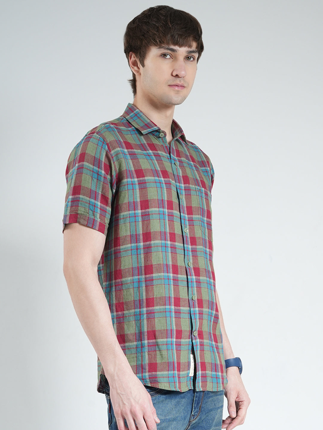 Men Olive Check Collar Half Sleeve Shirt