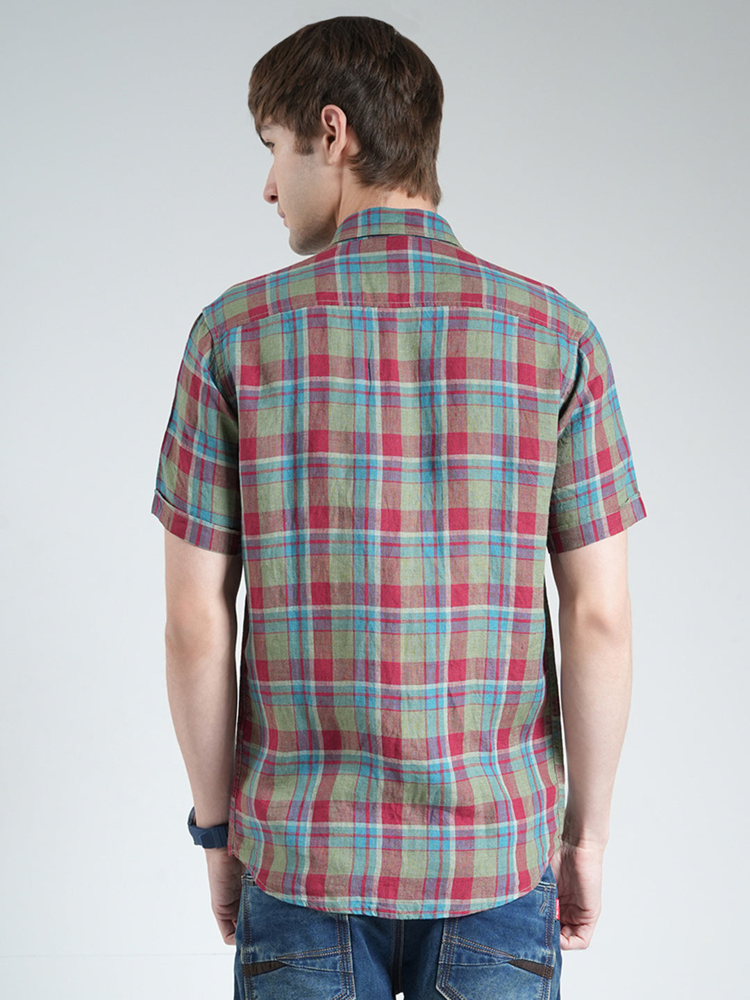 Men Olive Check Collar Half Sleeve Shirt