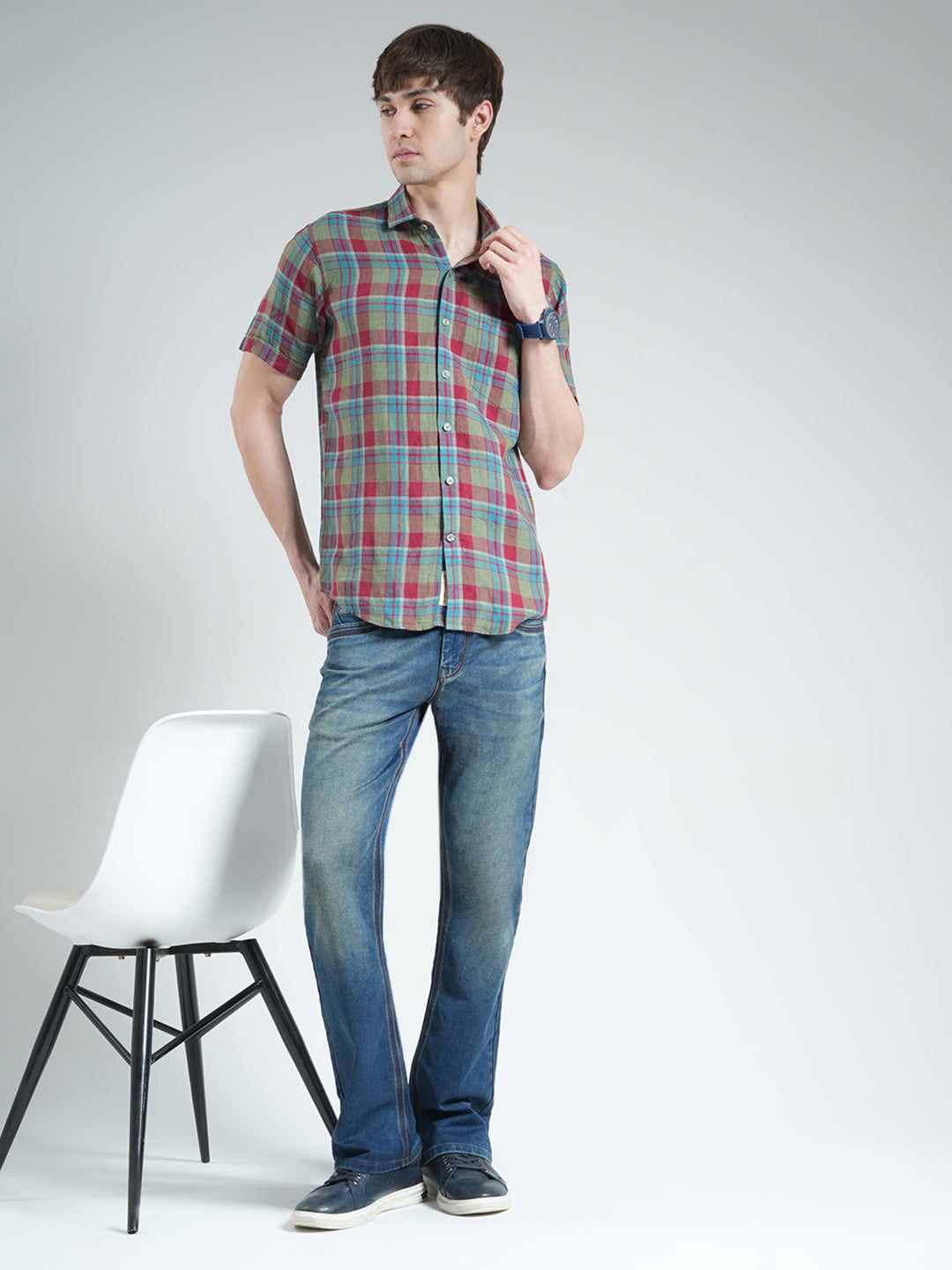 Men Olive Check Collar Half Sleeve Shirt