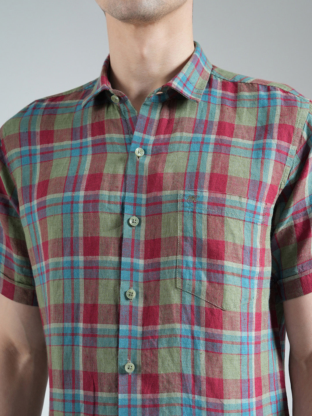 Men Olive Check Collar Half Sleeve Shirt