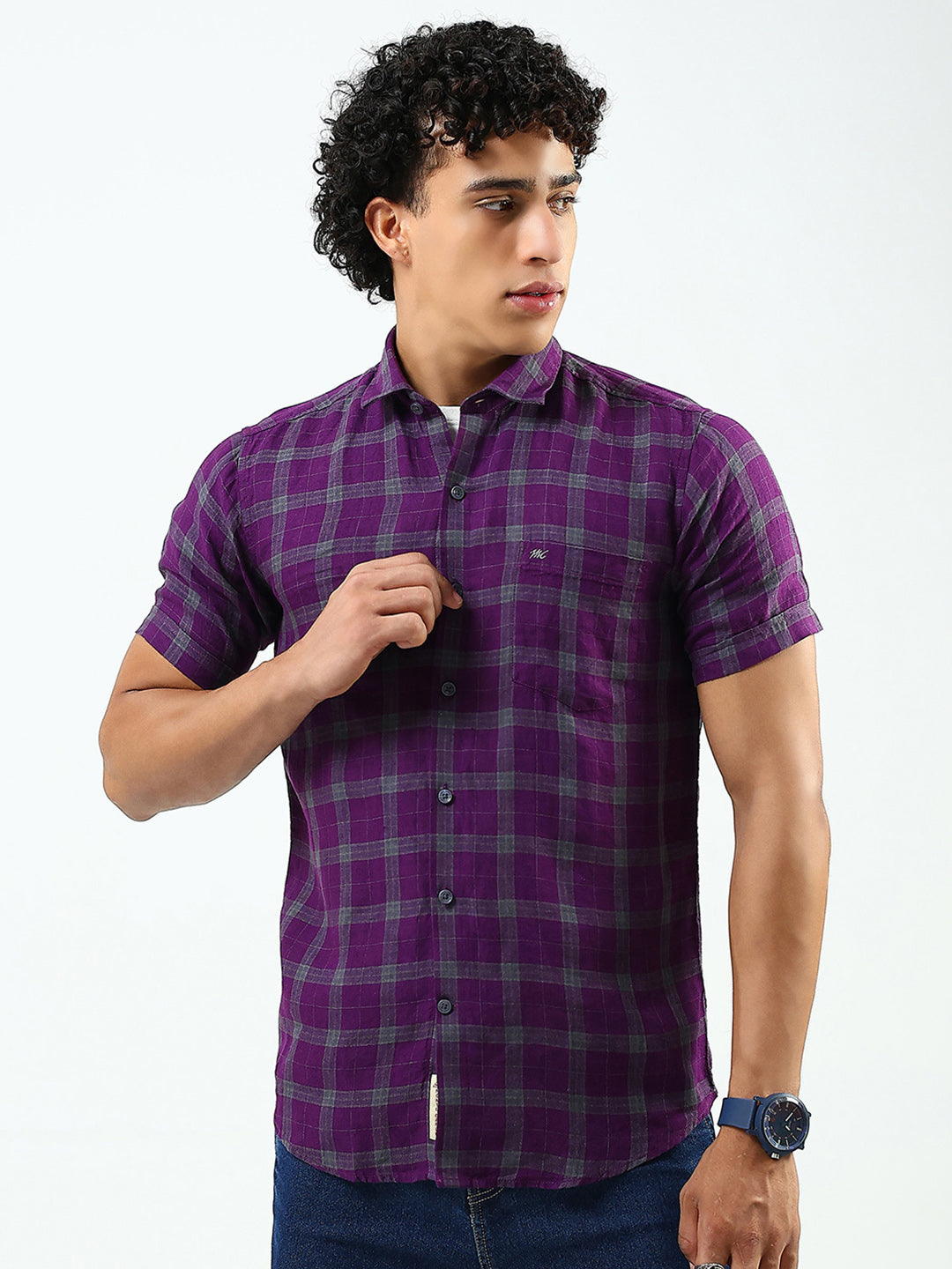 Men Purple Check Collar Half Sleeve Shirt
