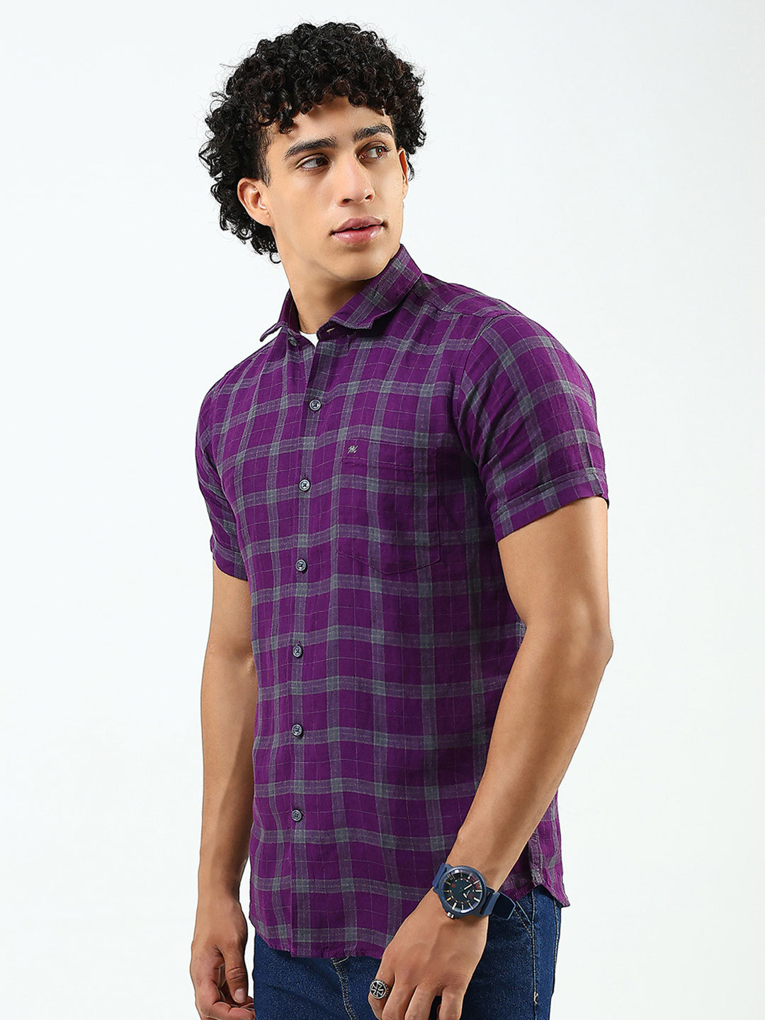 Men Purple Check Collar Half Sleeve Shirt