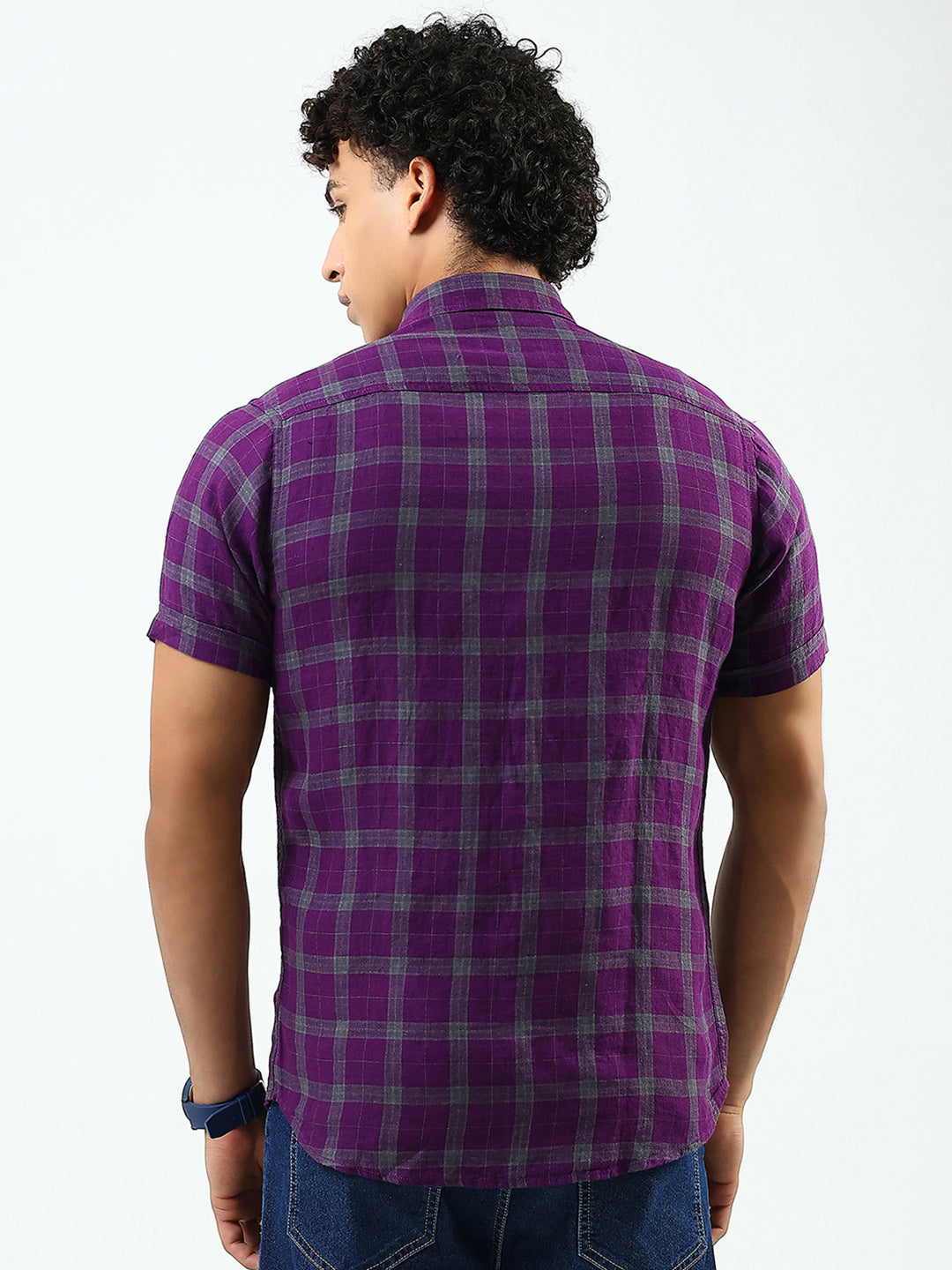 Men Purple Check Collar Half Sleeve Shirt