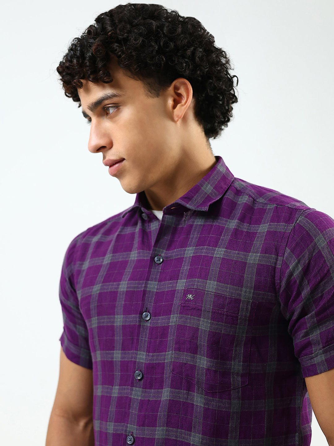 Men Purple Check Collar Half Sleeve Shirt