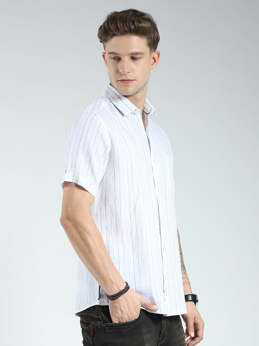 Men White Stripe Collar Half Sleeve Shirt