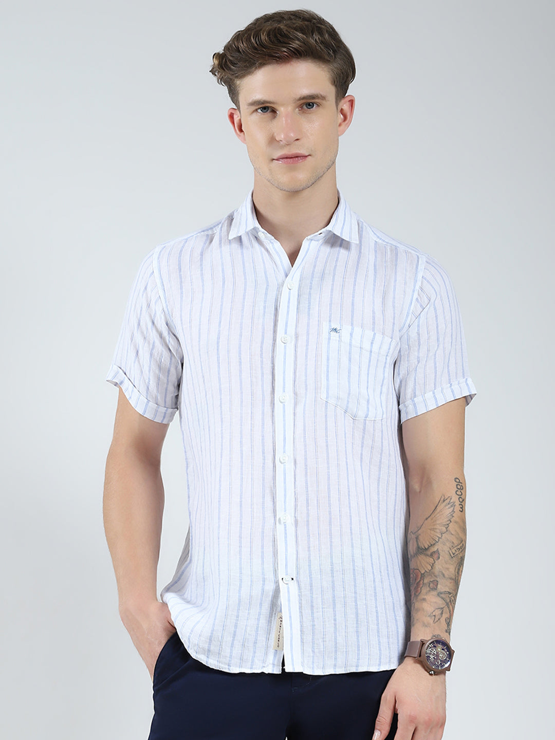 Men White Stripe Collar Half Sleeve Shirt