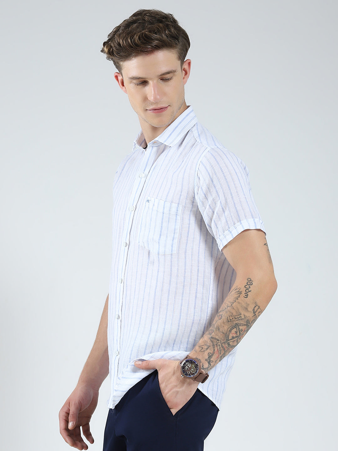 Men White Stripe Collar Half Sleeve Shirt