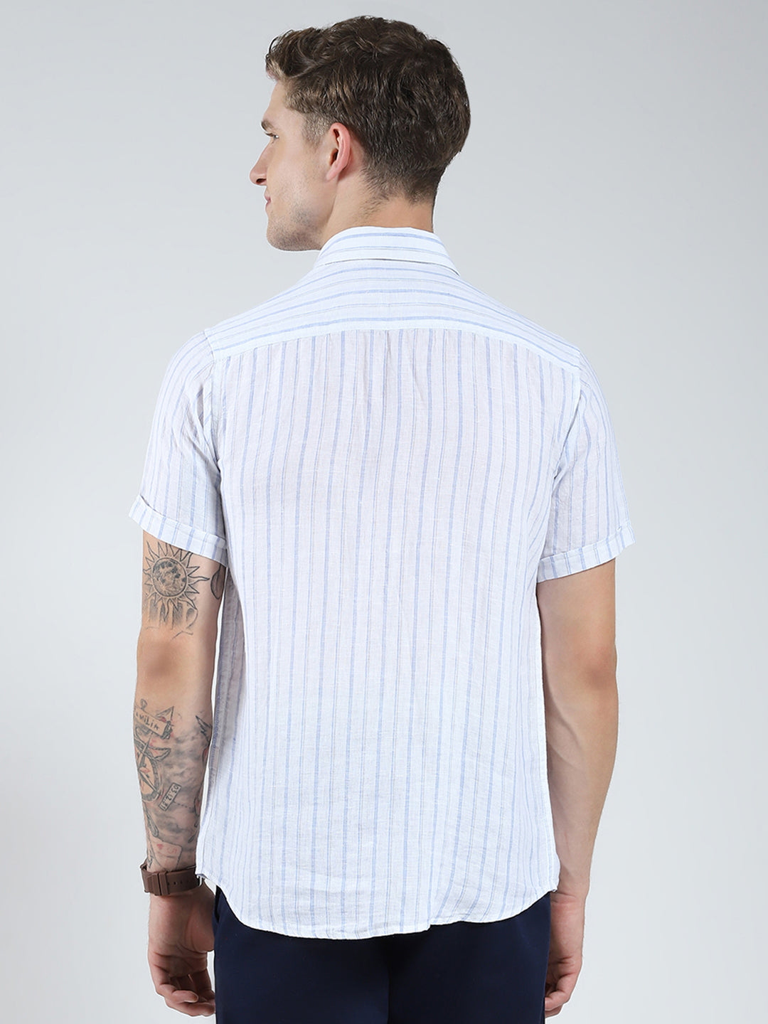 Men White Stripe Collar Half Sleeve Shirt