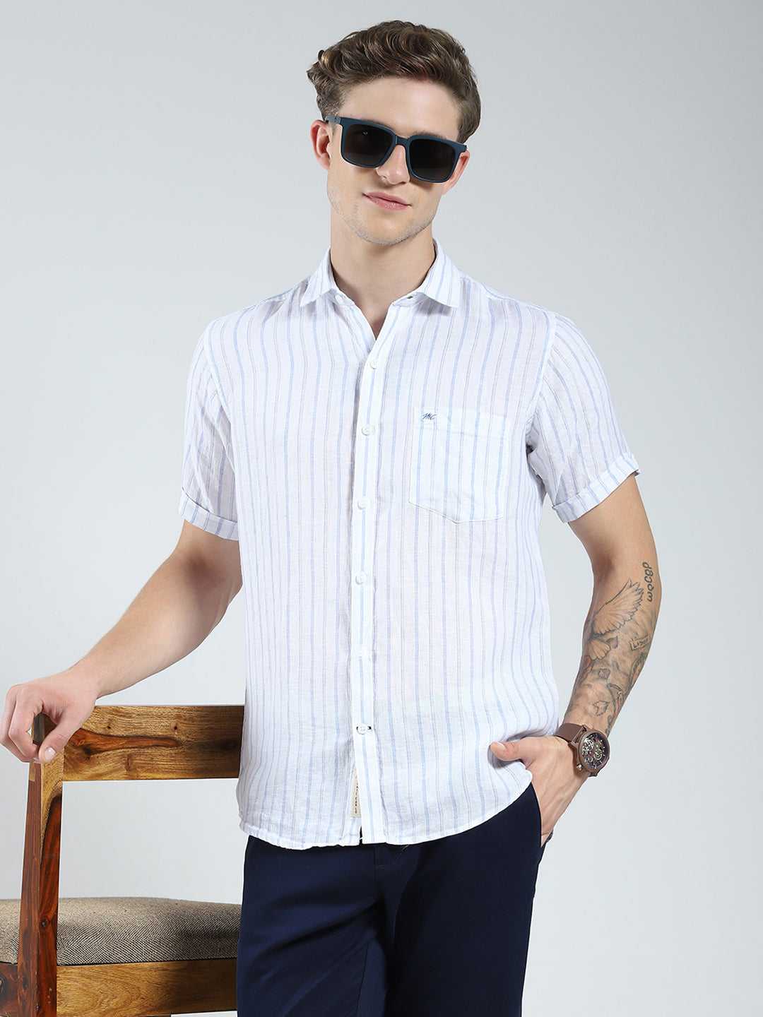 Men White Stripe Collar Half Sleeve Shirt
