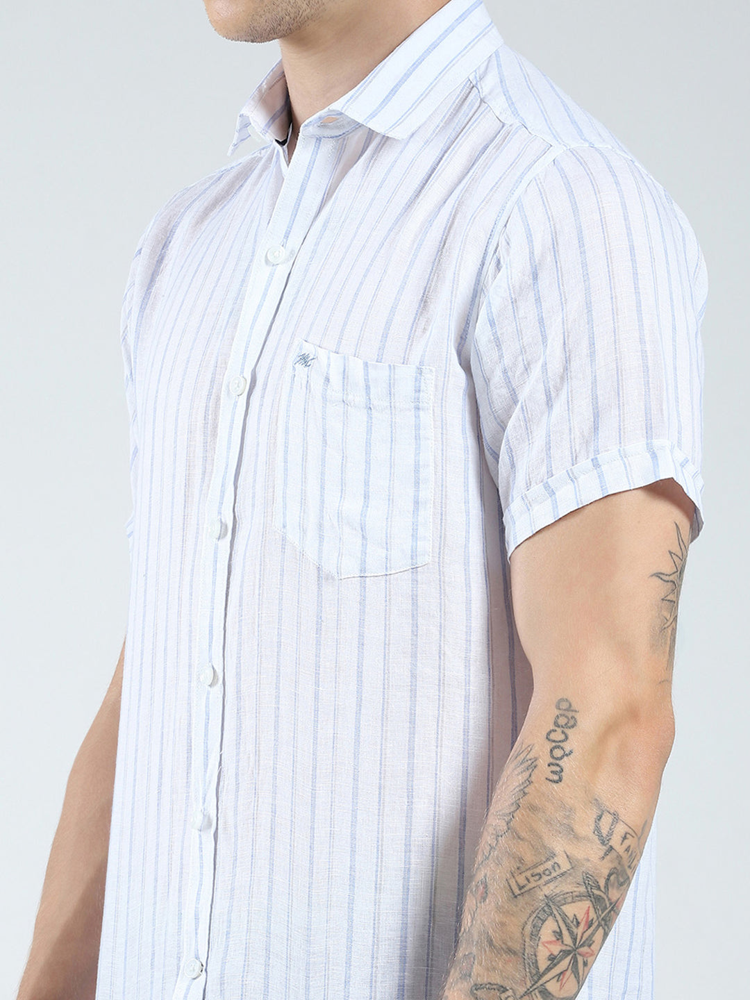 Men White Stripe Collar Half Sleeve Shirt