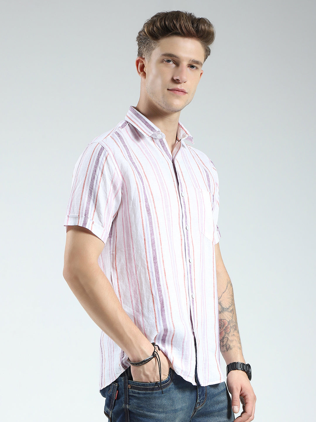 Men White Stripe Collar Half Sleeve Shirt