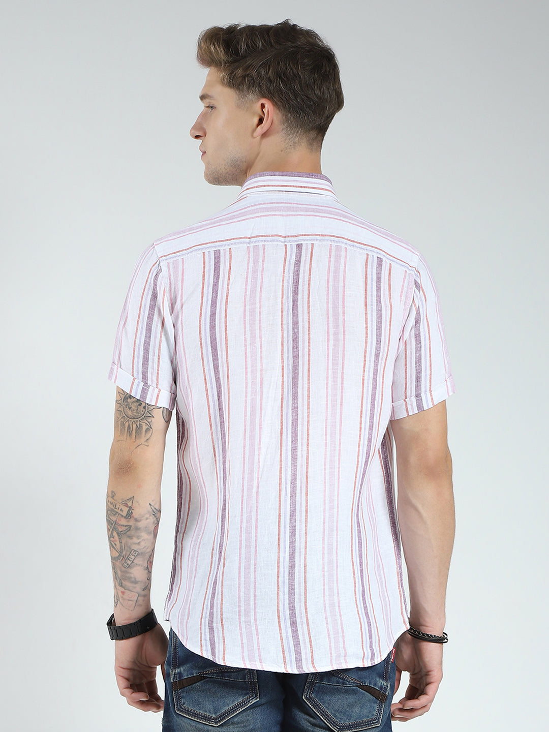Men White Stripe Collar Half Sleeve Shirt