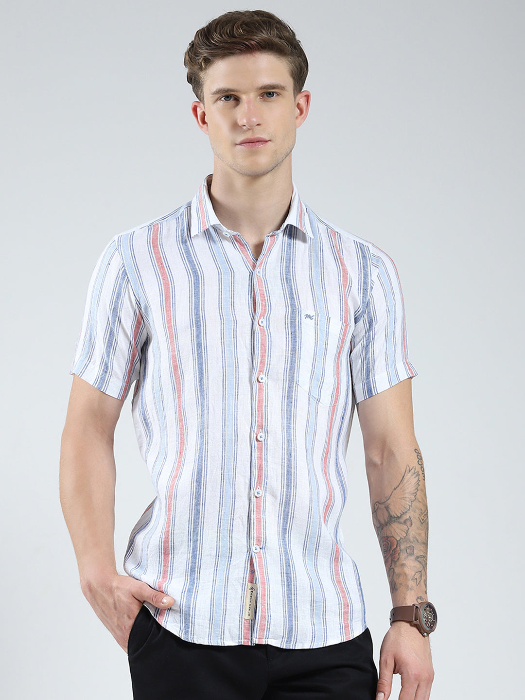 Men Blue Stripe Collar Half Sleeve Shirt