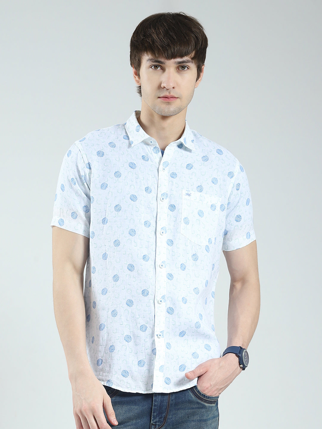 Men White Printed Collar Half Sleeve Shirt