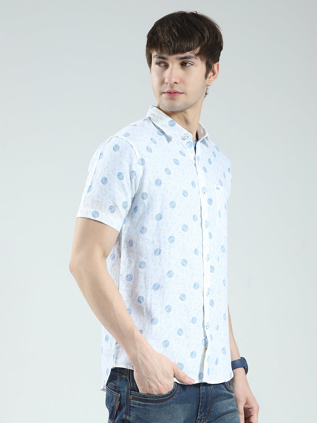Men White Printed Collar Half Sleeve Shirt