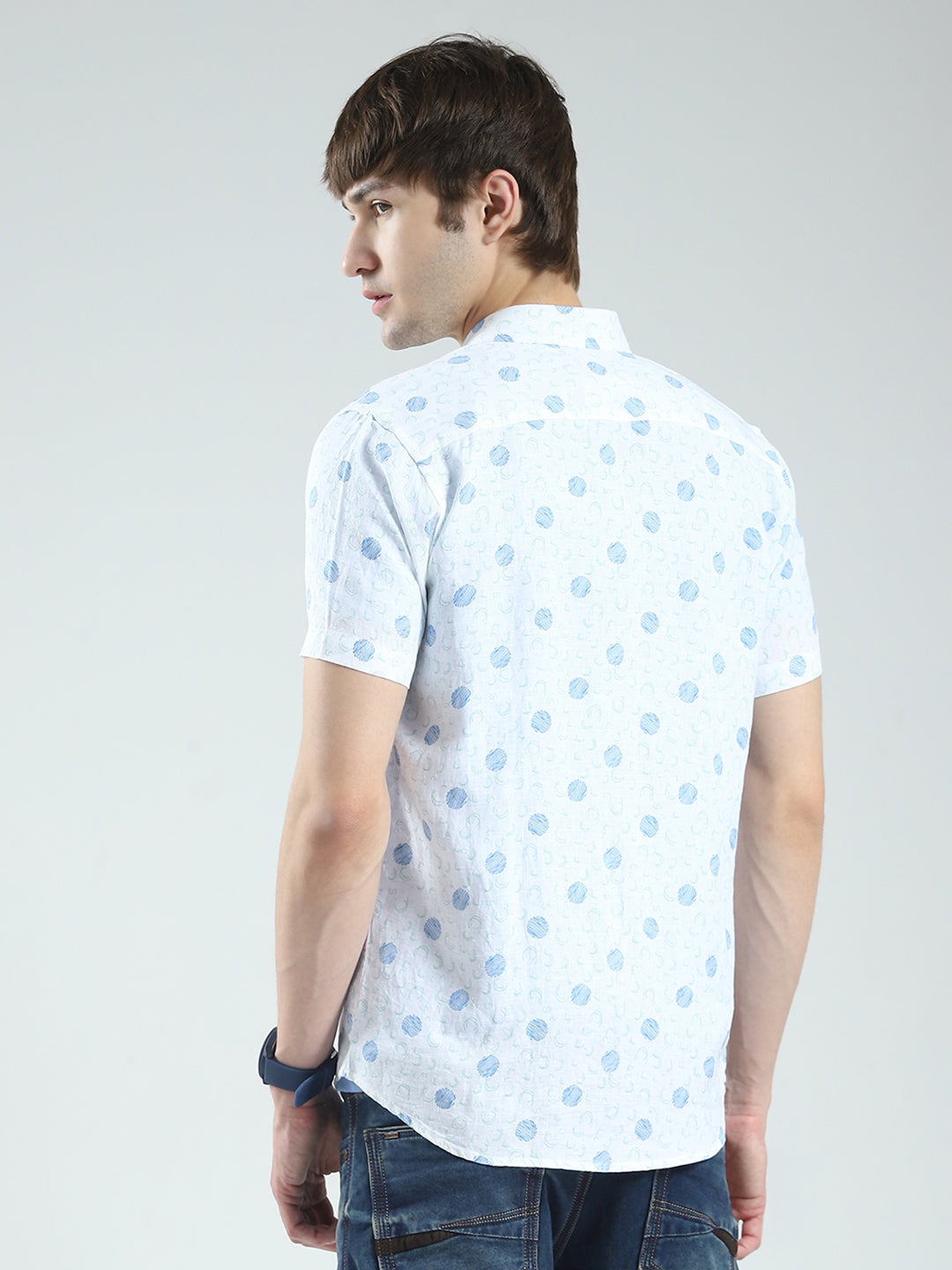 Men White Printed Collar Half Sleeve Shirt