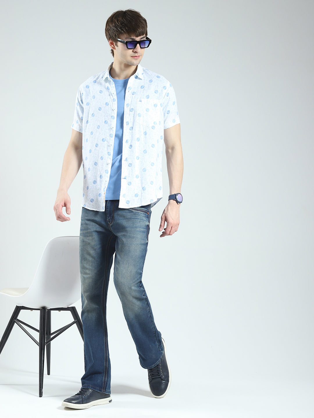 Men White Printed Collar Half Sleeve Shirt