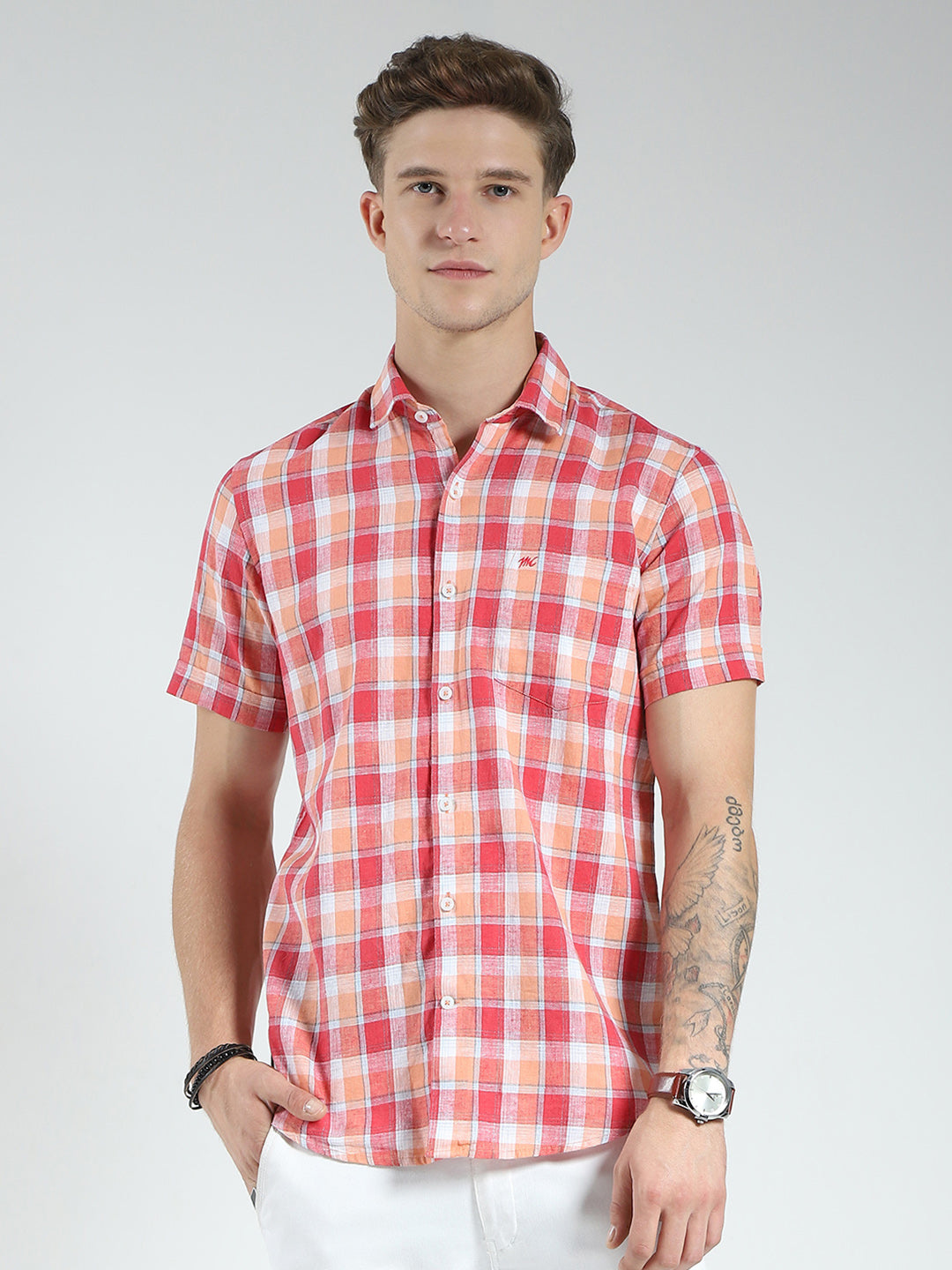 Men Orange Check Collar Half Sleeve Shirt