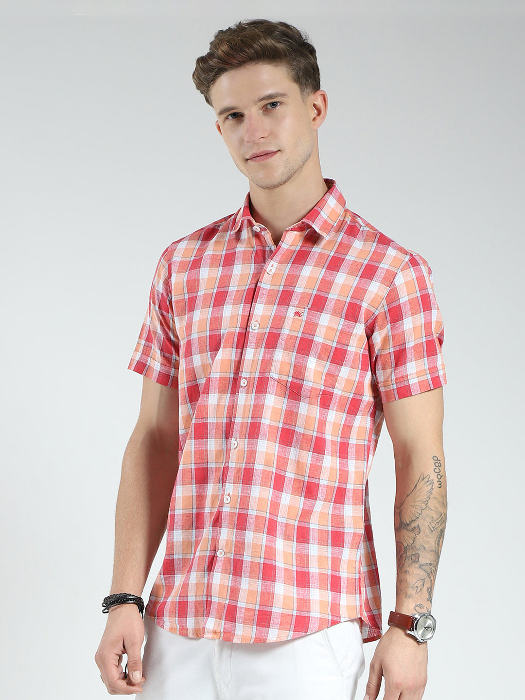Men Orange Check Collar Half Sleeve Shirt